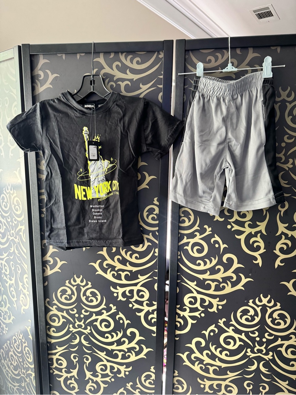 Fashion Nova Kids Black Tee & Gray Athletic Shorts with Neon Yellow Graphic